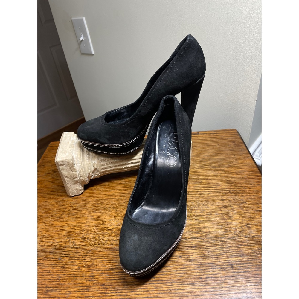 Paco Gil Black Suede Platform Pumps Round Toe Block Heel Contrast Stitch 9B READ